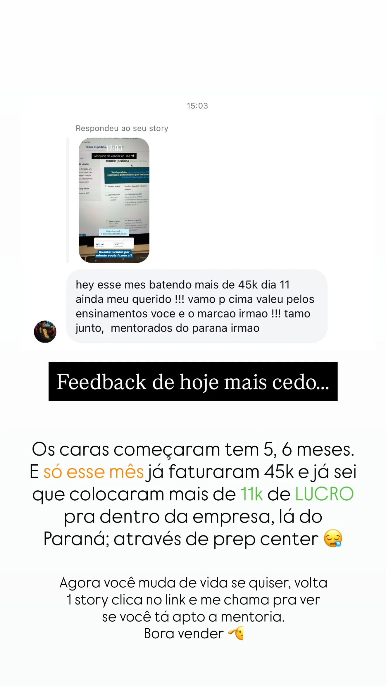 Relato de mentorado sobre reputação da conta