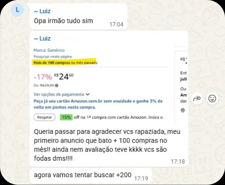 Mensagem do mentorado Luiz sobre mais de 100 compras no mês