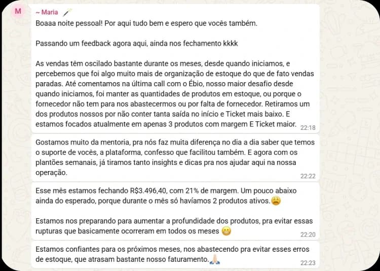 Feedback da mentorada Maria sobre a mentoria