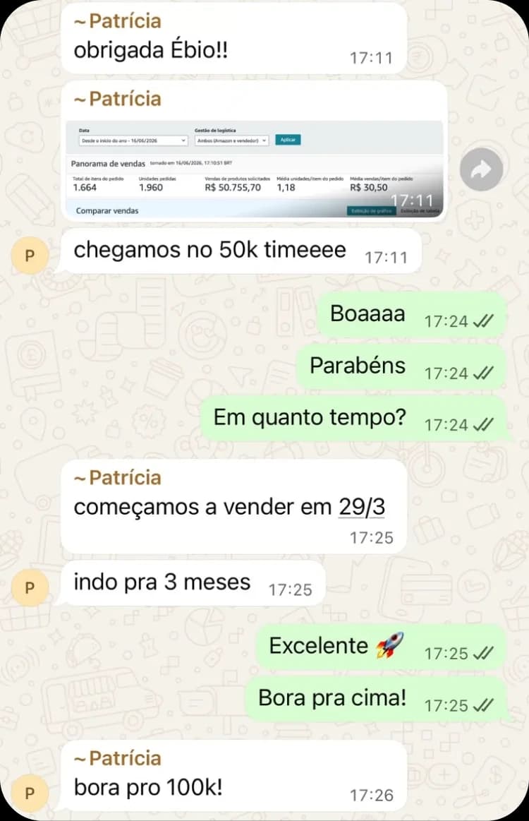 Conversa com a mentorada Patrícia comemorando 50 mil em vendas