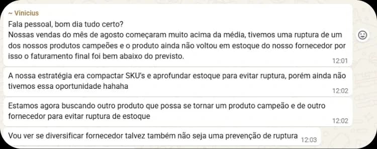 Mensagem do mentorado Vinicius sobre as vendas de agosto