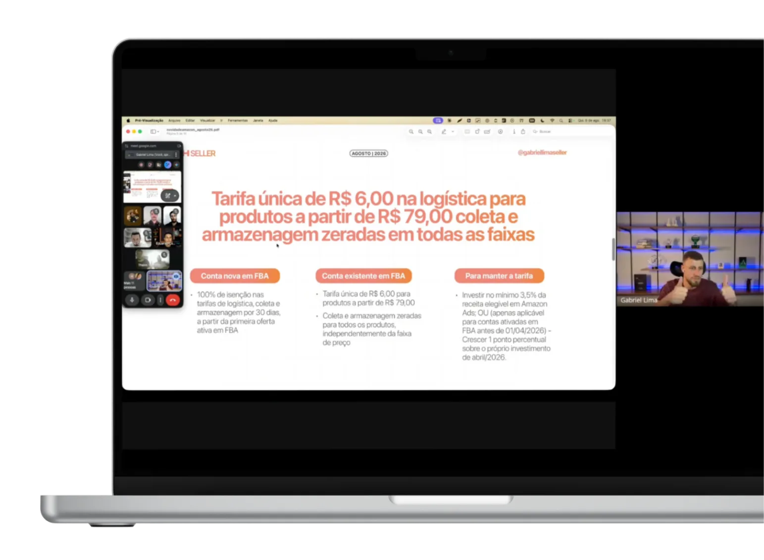 Notebook exibindo um encontro ao vivo da HighSeller com o Gabriel